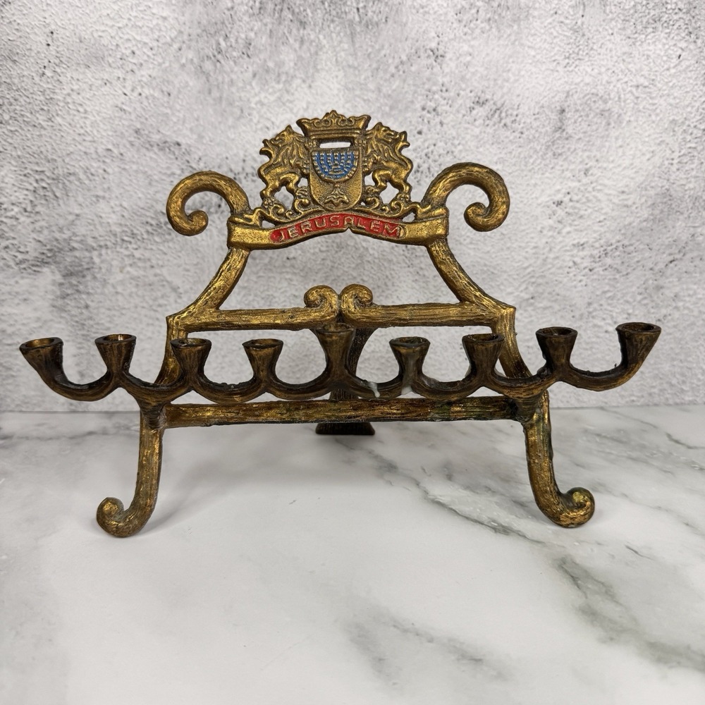 Vintage Jerusalem 9 Branch Menorah Lions Crest Made Israel Judaica